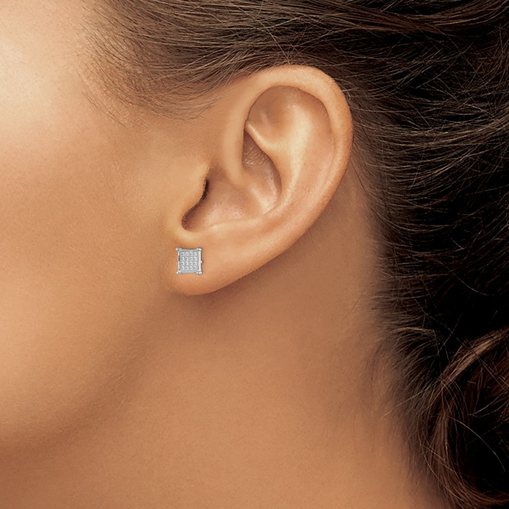 Sterling Silver Rhodium-plated Polished Pav CZ Square Post Earrings