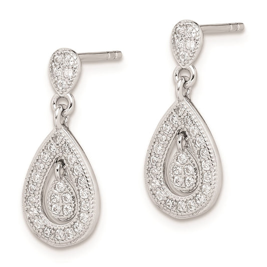 Sterling Silver Rhodium-plated CZ Pav Pear Dangle Post Earrings