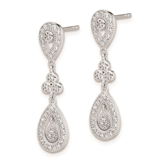 Sterling Silver Rhodium-plated CZ Pav Pear Dangle Post Earrings