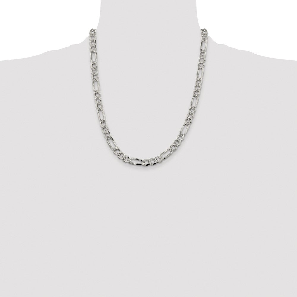 Sterling Silver Rhodium-plated 7.25mm Pav Flat Figaro Chain