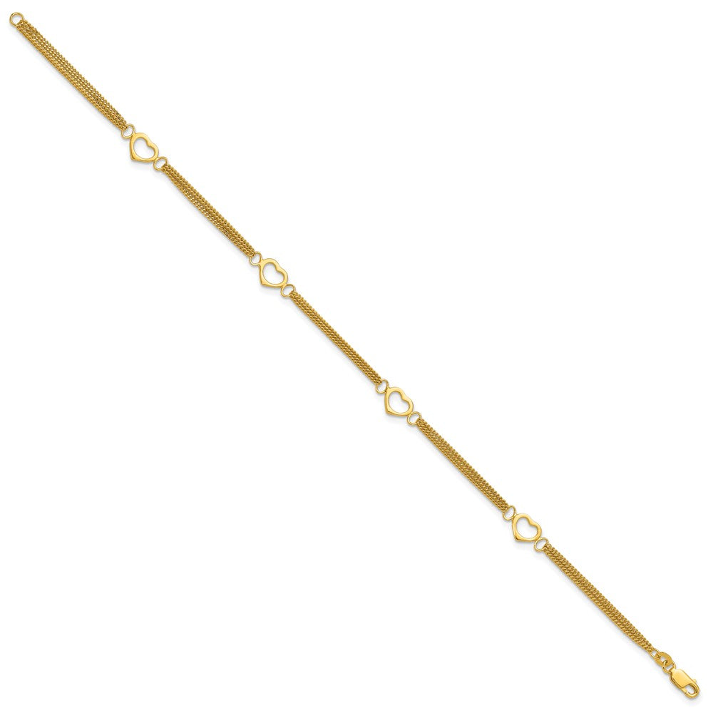 Sterling Silver Gold-tone Polished Heart Multi-Strand 10in Anklet
