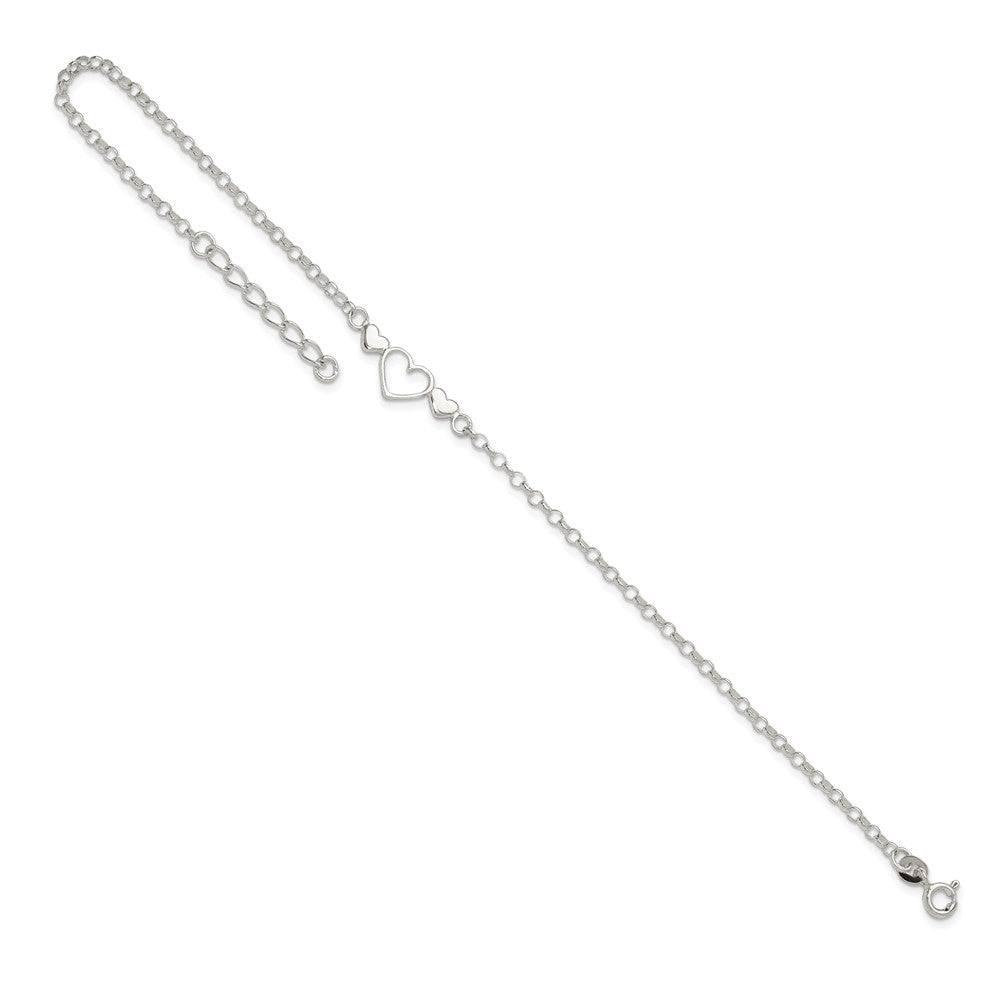 Sterling Silver Three Hearts 9 inch Plus 1 inch Extender - Total 10 inch Anklet