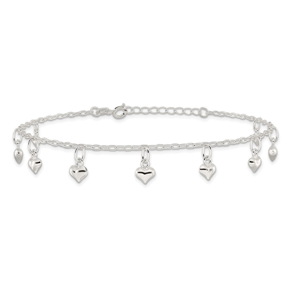 Sterling Silver Puffed Heart Charms 9 inch Plus 1 inch Extender - Total 10 inch Anklet