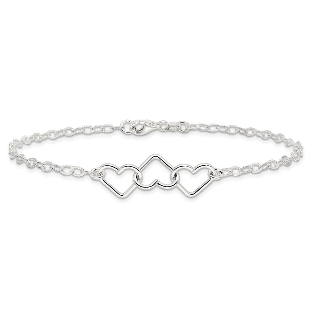 Sterling Silver 10inch Solid Polished Fancy Heart Link Anklet