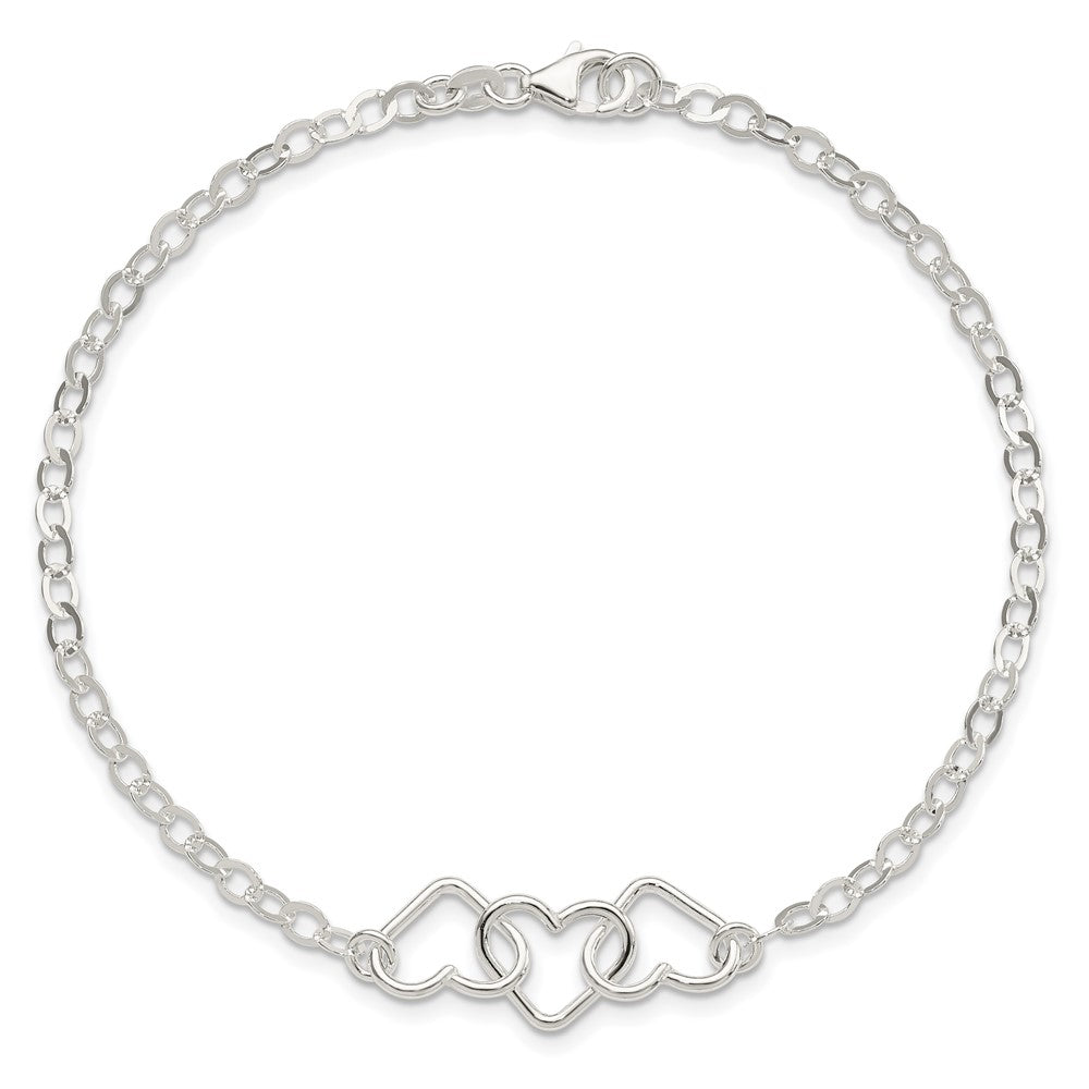 Sterling Silver 10inch Solid Polished Fancy Heart Link Anklet