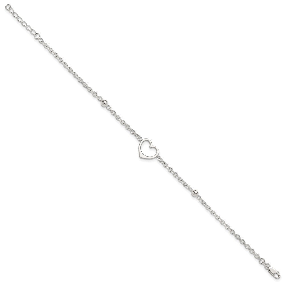 Sterling Silver Open Heart and Bead 9 inch Plus 1 inch Extender - Total 10 inch Anklet