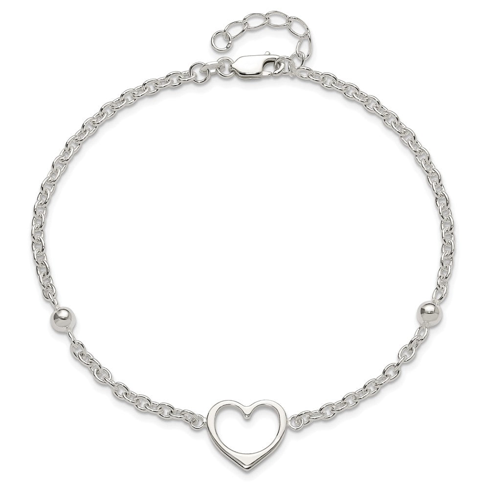 Sterling Silver Open Heart and Bead 9 inch Plus 1 inch Extender - Total 10 inch Anklet