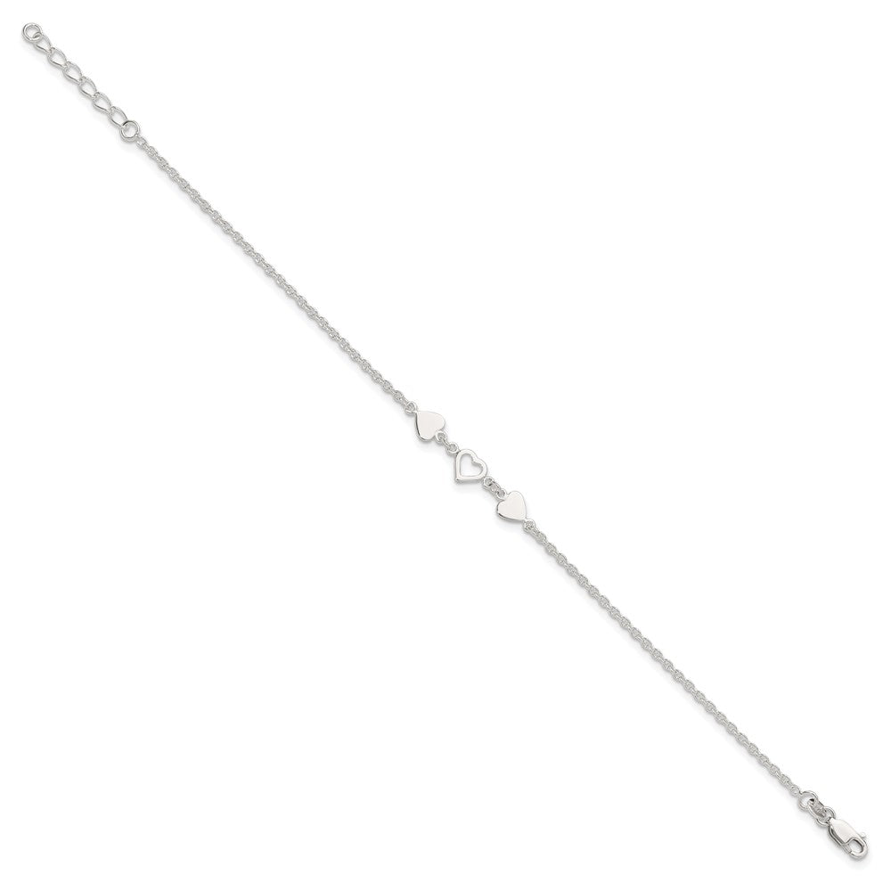 Sterling Silver Three Hearts 8 inch Plus 1 inch Extender - Total 9 inch Anklet