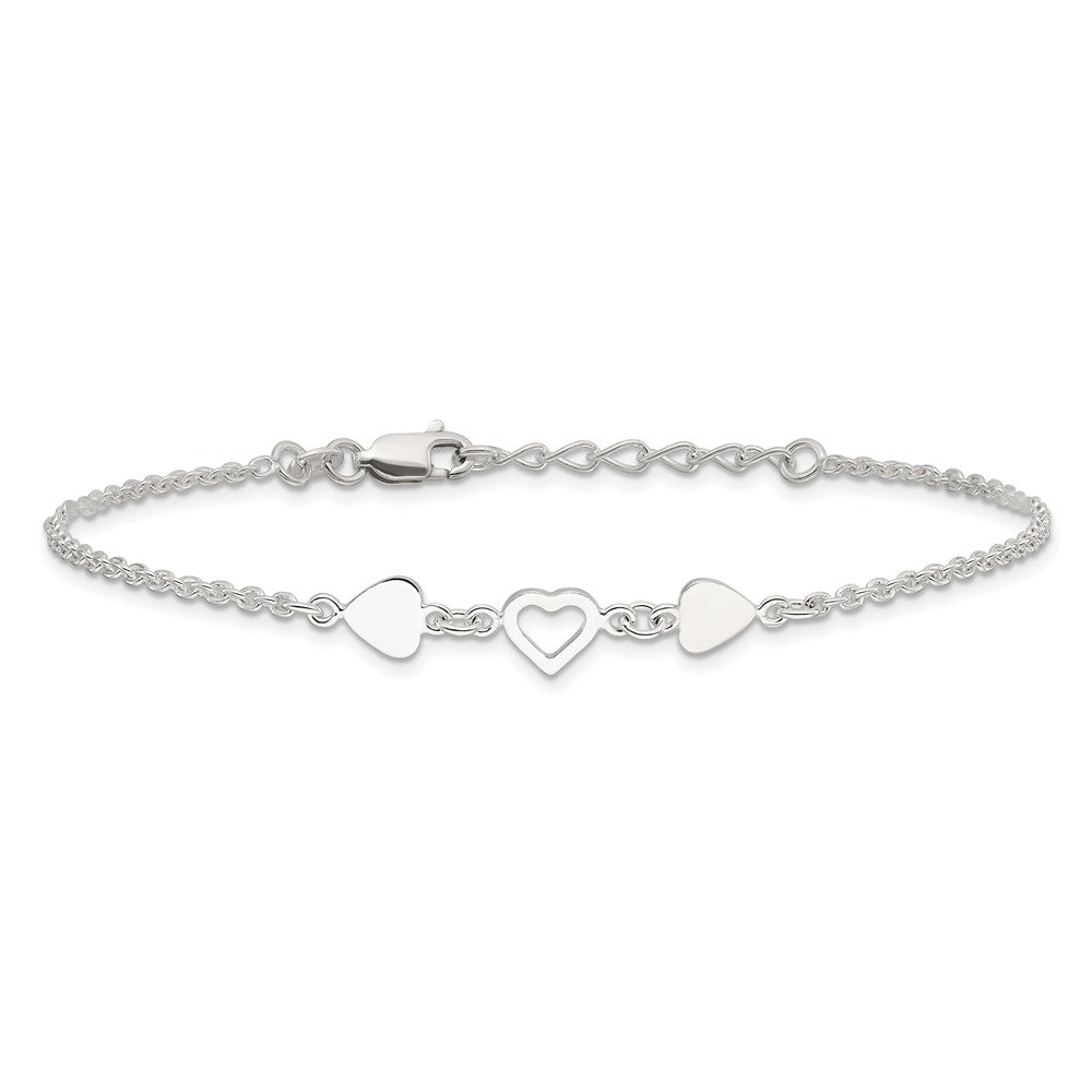 Sterling Silver Three Hearts 8 inch Plus 1 inch Extender - Total 9 inch Anklet