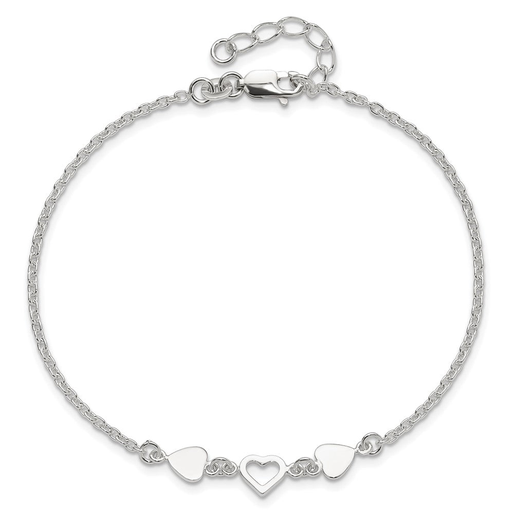 Sterling Silver Three Hearts 8 inch Plus 1 inch Extender - Total 9 inch Anklet