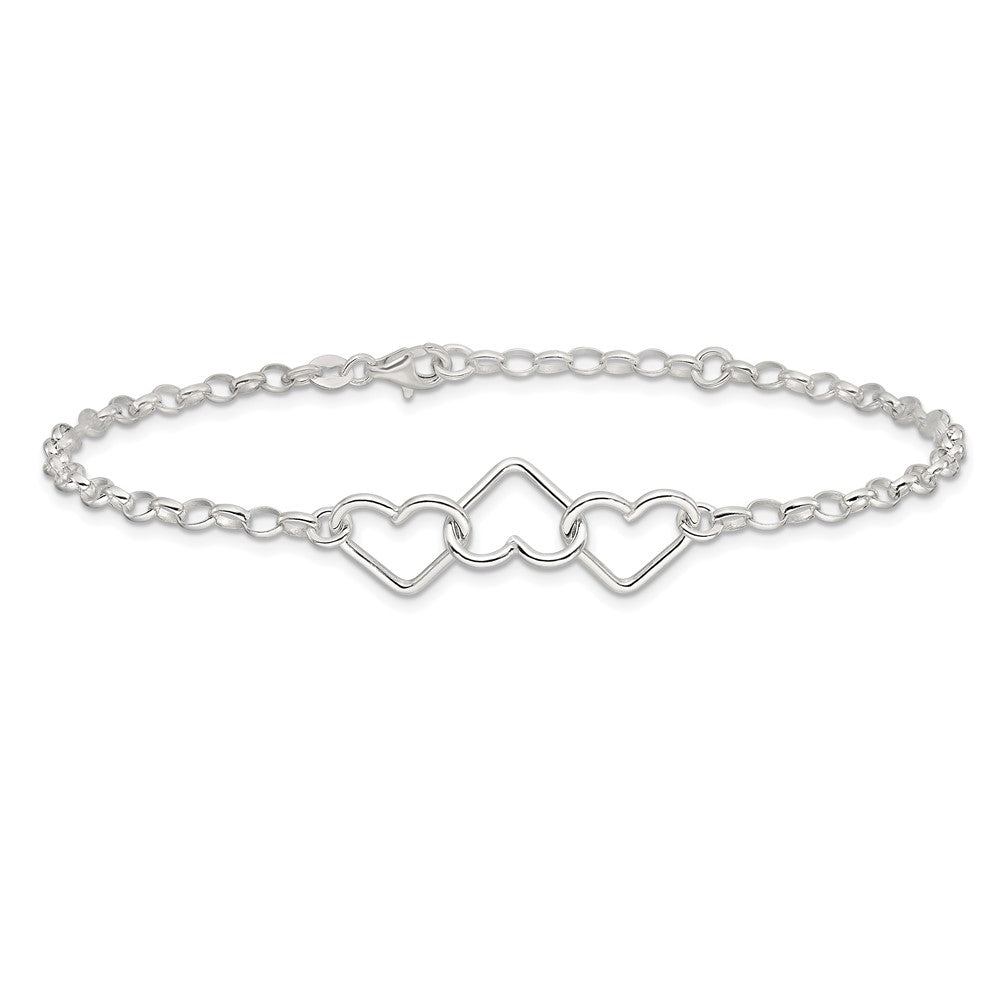 Sterling Silver Interlocking Hearts 8 inch Plus 1 inch Extender - Total 9 inch Anklet