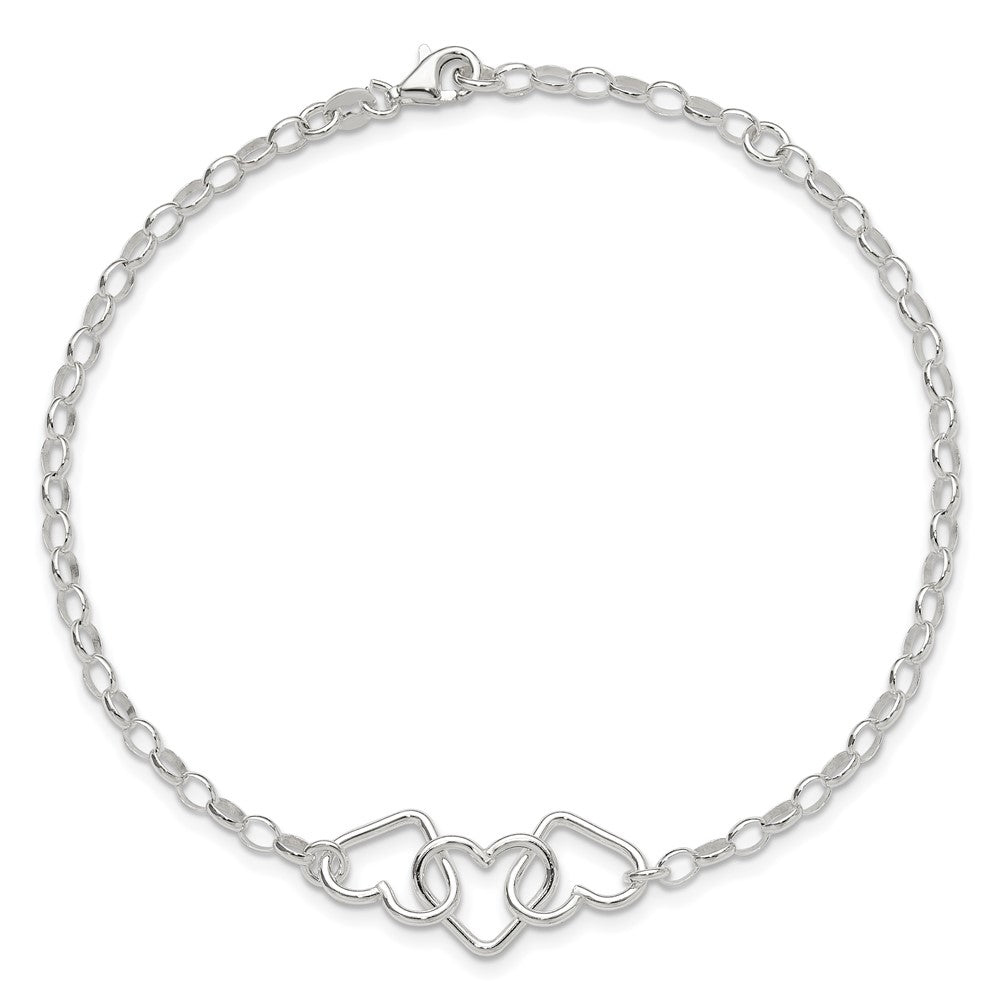 Sterling Silver Interlocking Hearts 8 inch Plus 1 inch Extender - Total 9 inch Anklet