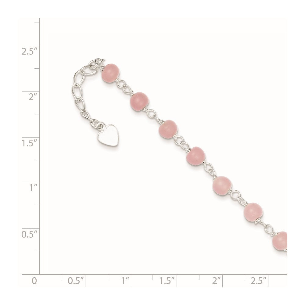 Sterling Silver Pink Glass Bead with Heart Dangle 8 inch Plus 1 inch Extender - Total 9 inch Anklet