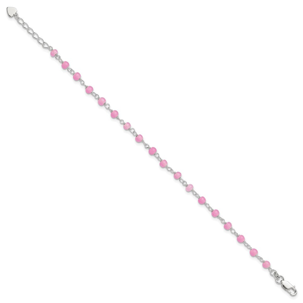 Sterling Silver Pink Glass Bead with Heart Dangle 8 inch Plus 1 inch Extender - Total 9 inch Anklet