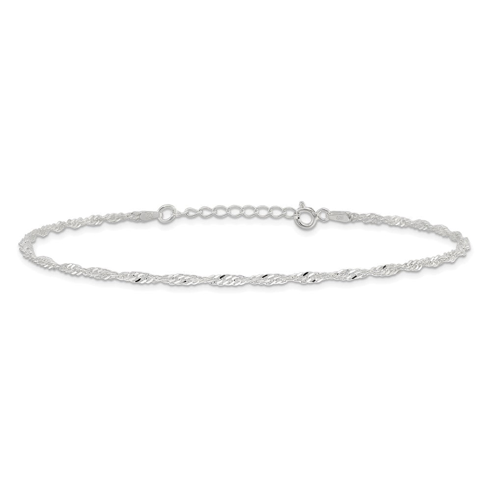 Sterling Silver 2mm Singapore Chain 9 inch Plus 1 inch Extender Chain - Total 10 inch Anklet