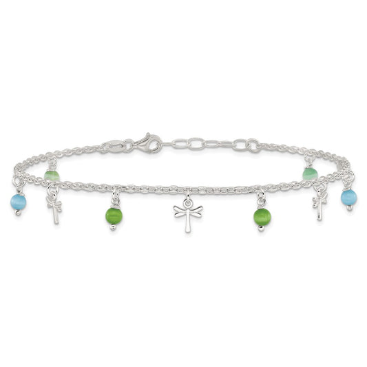 Sterling Silver Dragonfly with Aqua and Green Beads 10 inch Plus 1 inch Extender - Total 11 inch Anklet