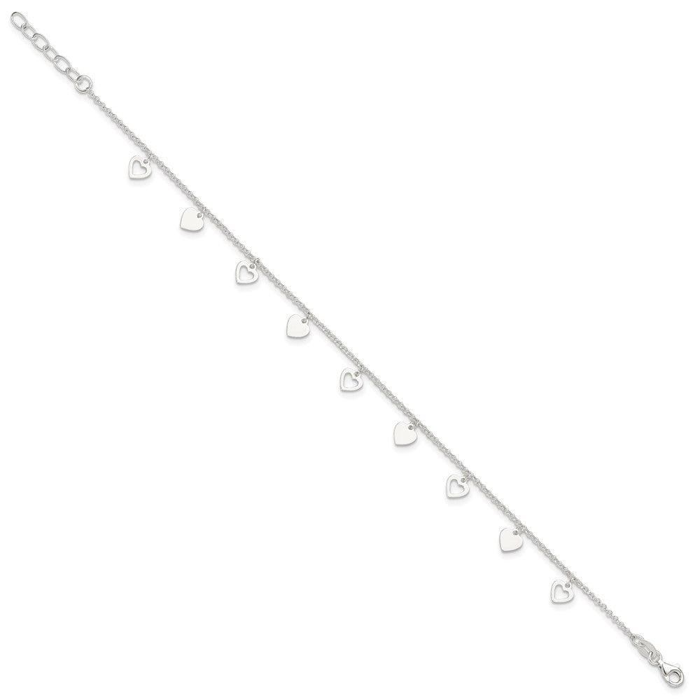 Sterling Silver Double Heart 9 inch Plus 1 inch Extender - Total 10 inch Anklet