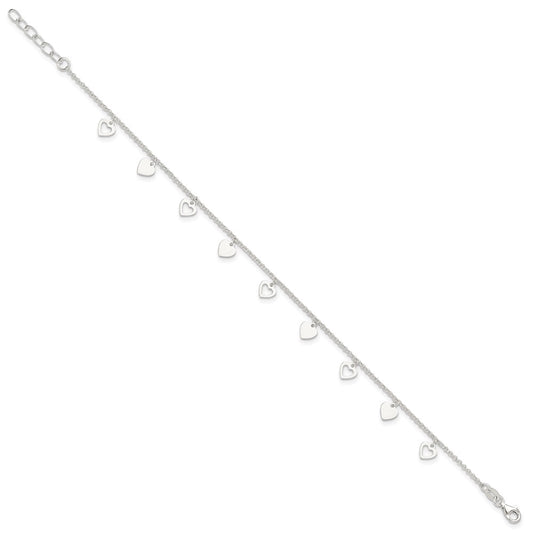 Sterling Silver Double Heart 10 inch Plus 1 inch Extender - Total 11 inch Anklet