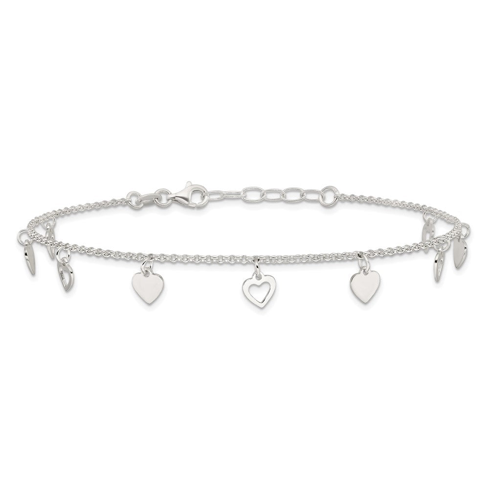 Sterling Silver Double Heart 10 inch Plus 1 inch Extender - Total 11 inch Anklet