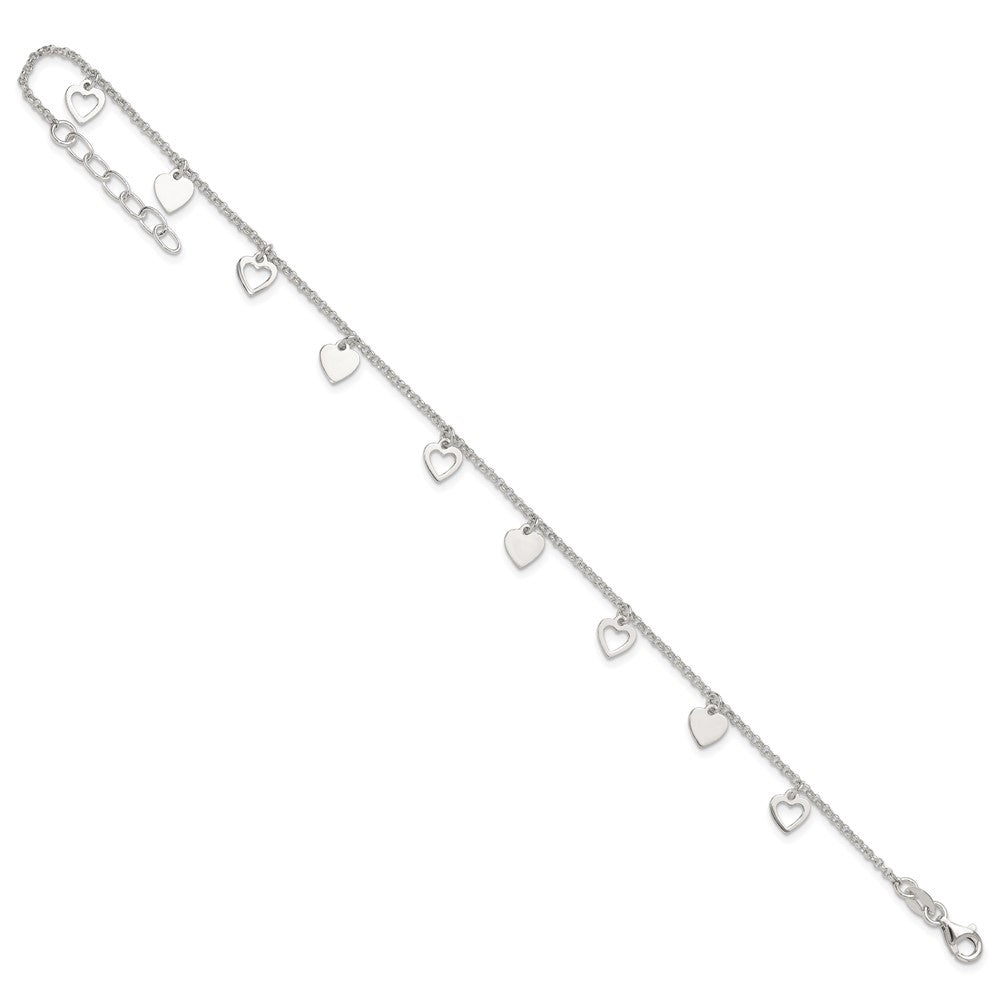 Sterling Silver Double Heart 9 inch Plus 1 inch Extender - Total 10 inch Anklet