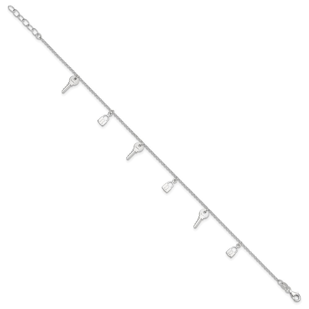 Sterling Silver Lock and Key 9 inch Plus 1 inch Extender - Total 10 inch Anklet