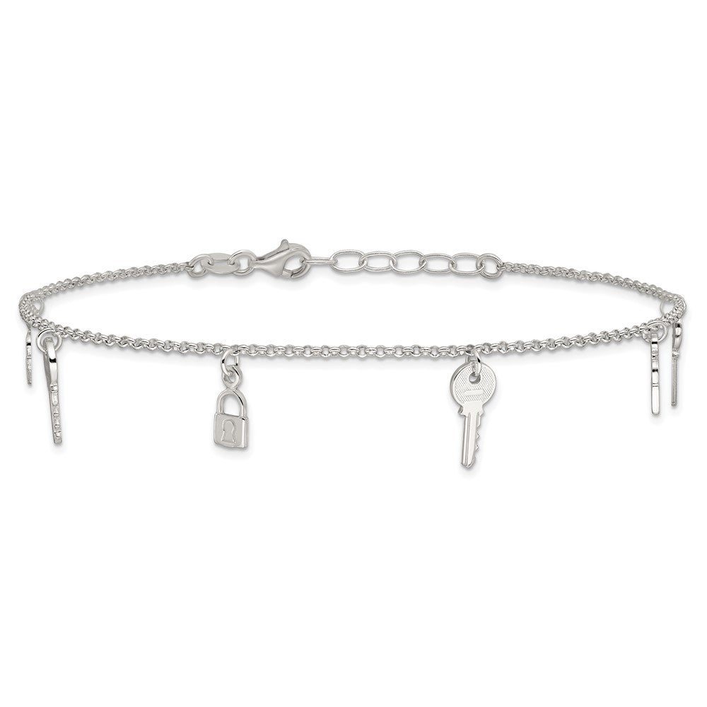 Sterling Silver Lock and Key 10 inch Plus 1 inch Extender - Total 11 inch Anklet