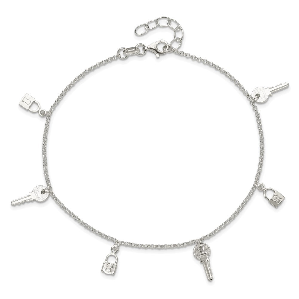 Sterling Silver Lock and Key 9 inch Plus 1 inch Extender - Total 10 inch Anklet