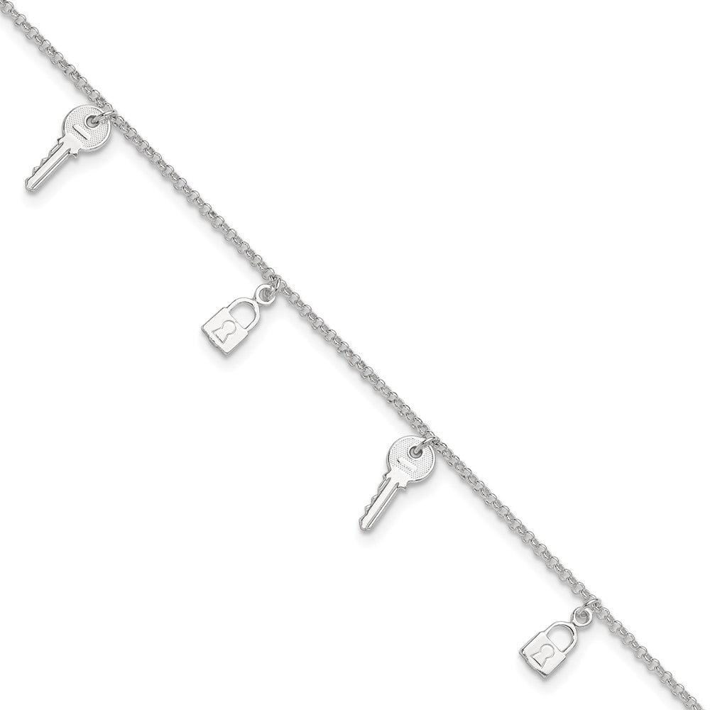 Sterling Silver Lock and Key 9 inch Plus 1 inch Extender - Total 10 inch Anklet