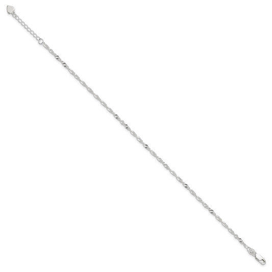 Sterling Silver 3mm Singapore Chain 8 inch Plus 1 inch Extender - Total 9 inch Anklet