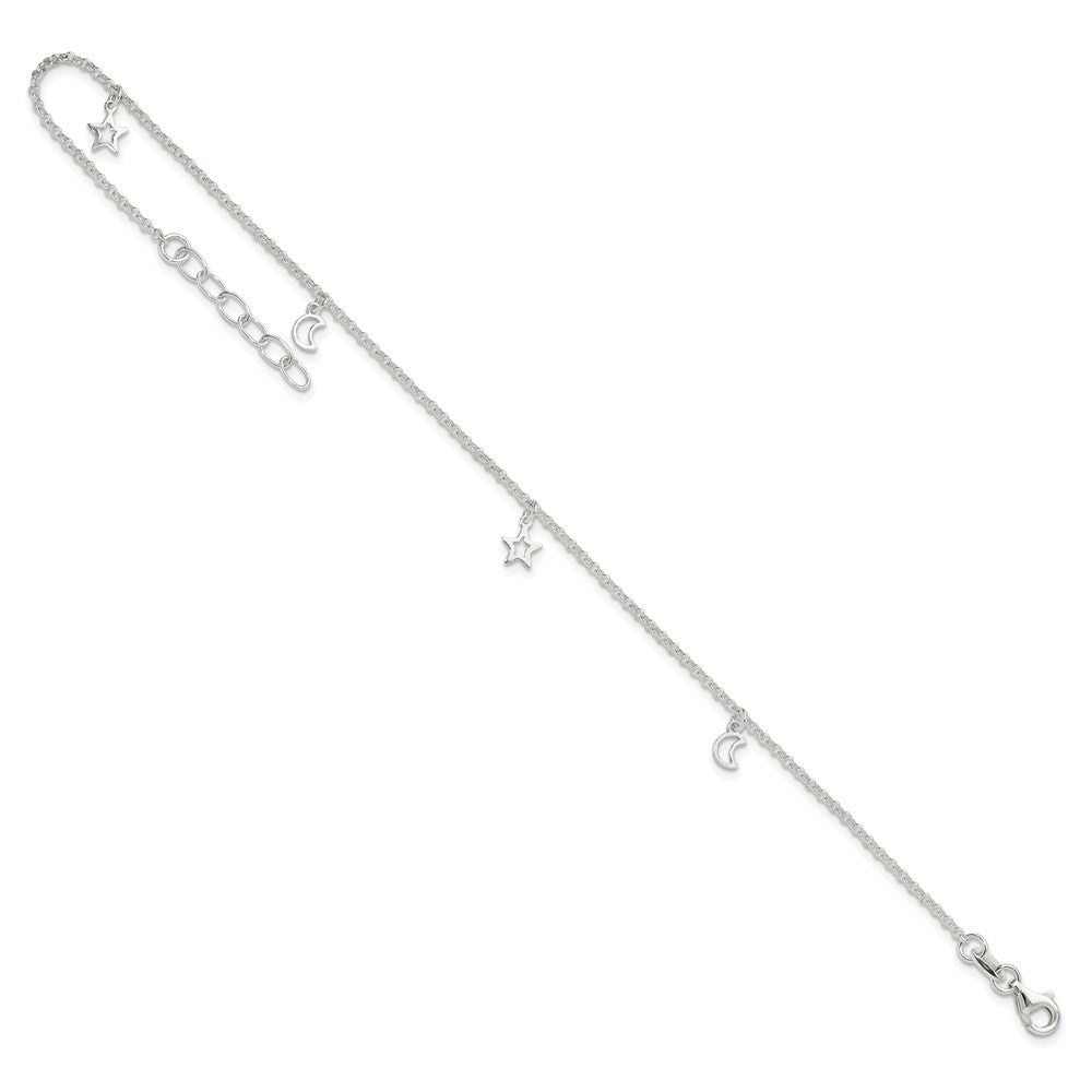 Sterling Silver Moon and Stars 9 inch Plus 1 inch Extender - Total 10 inch Anklet