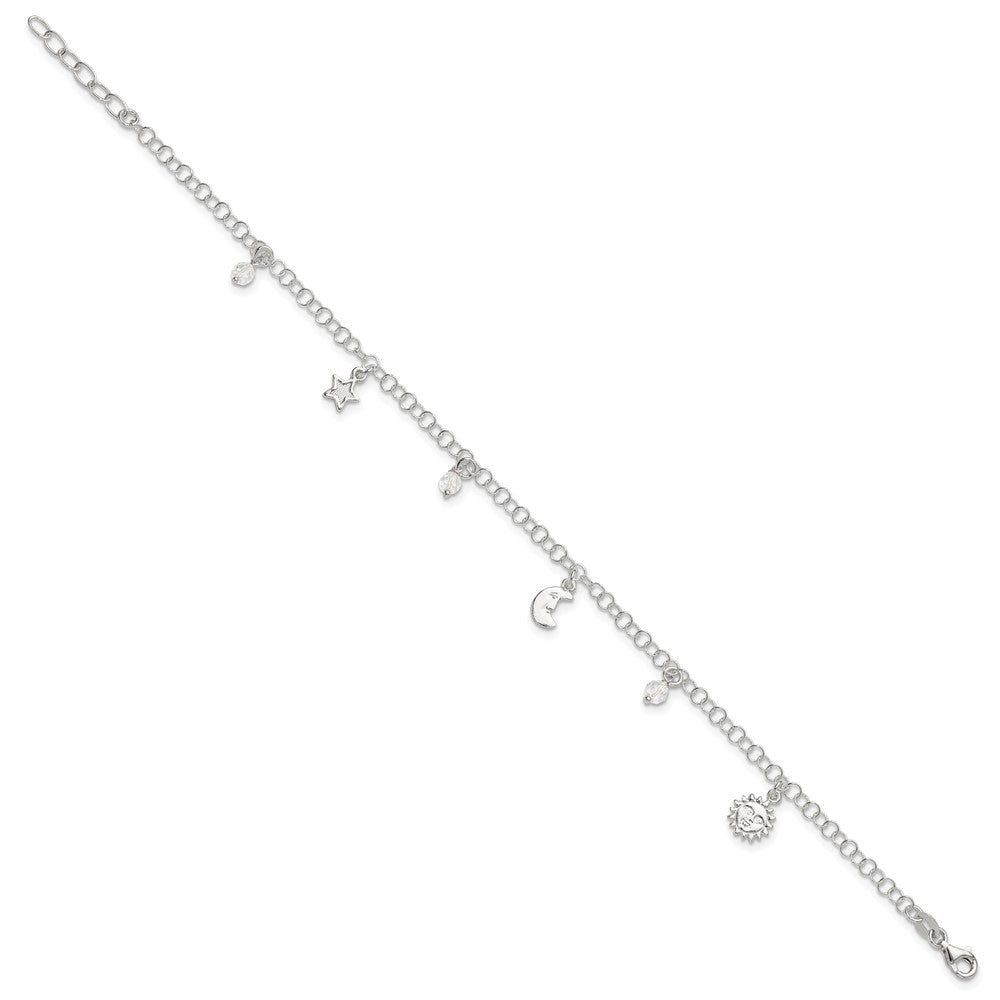 Sterling Silver Sun/Moon/Star/Crystal 10 inch Plus 1 inch Extender - Total 11 inch Anklet