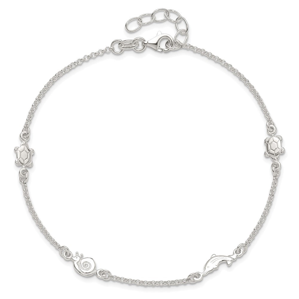 Sterling Silver Turtle/Dolphin/Snail 9 inch Plus 1 inch Extender - Total 10 inch Anklet