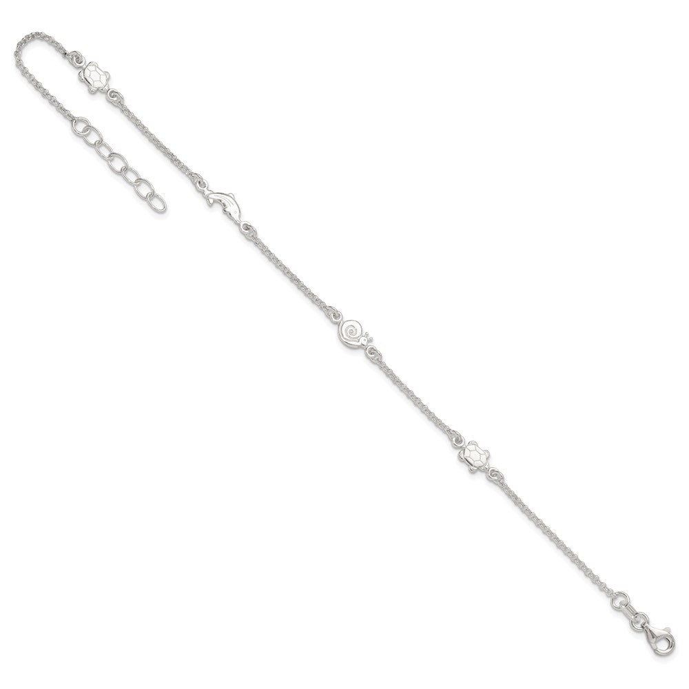 Sterling Silver Turtle/Dolphin/Snail 9 inch Plus 1 inch Extender - Total 10 inch Anklet