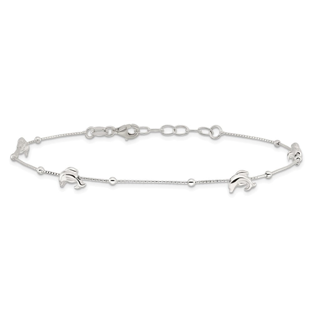 Sterling Silver Dolphins and Beads 4-Station 10 inch Plus 1 inch Extender - Total 11 inch Anklet