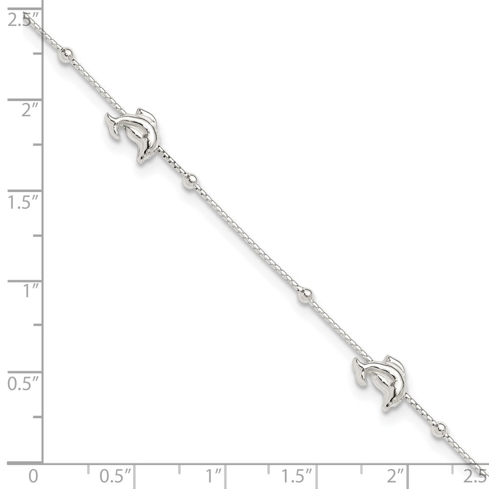 Sterling Silver Dolphins and Beads 4-Station 9 inch Plus 1 inch Extender - Total 10 inch Anklet