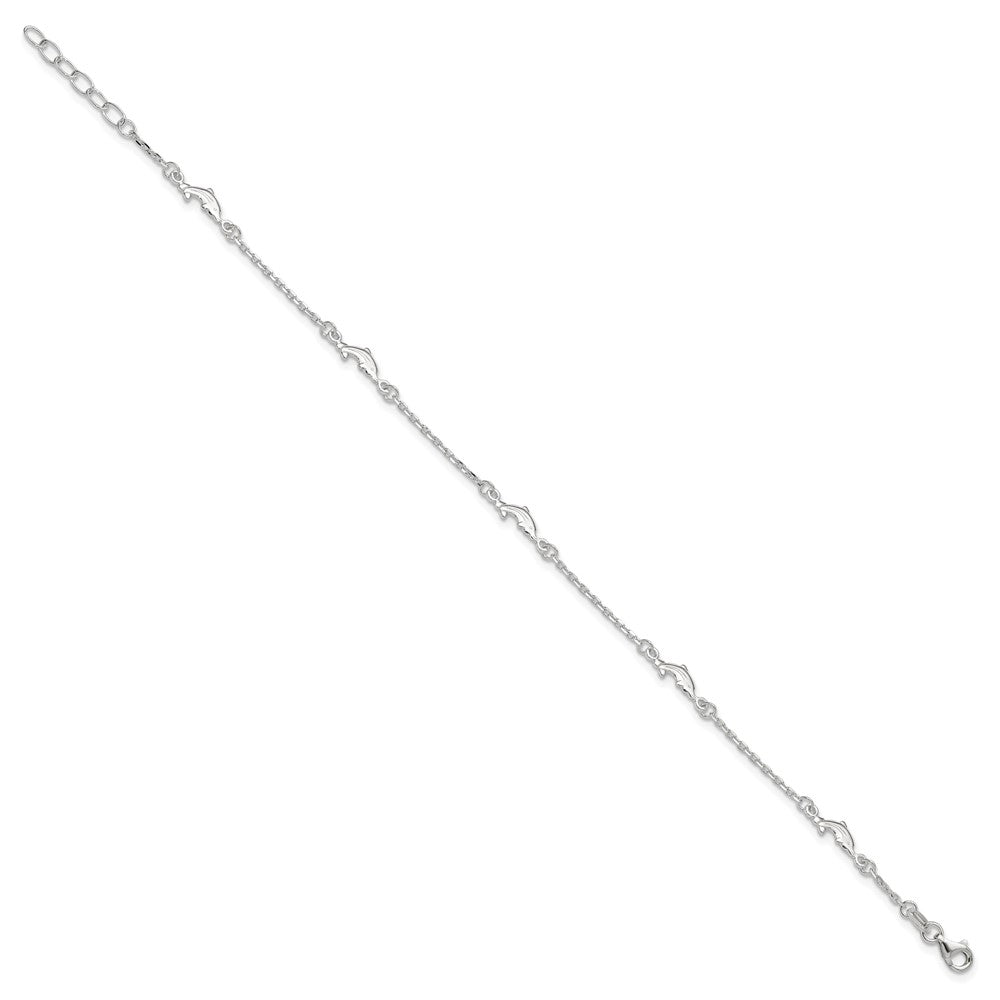 Sterling Silver Dolphin 5-Station 9 inch Plus 1 inch Extender - Total 10 inch Anklet