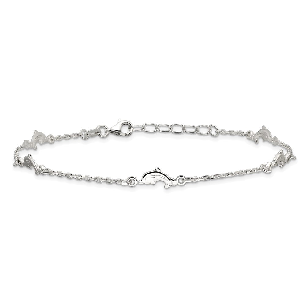 Sterling Silver Dolphin 5-Station 9 inch Plus 1 inch Extender - Total 10 inch Anklet