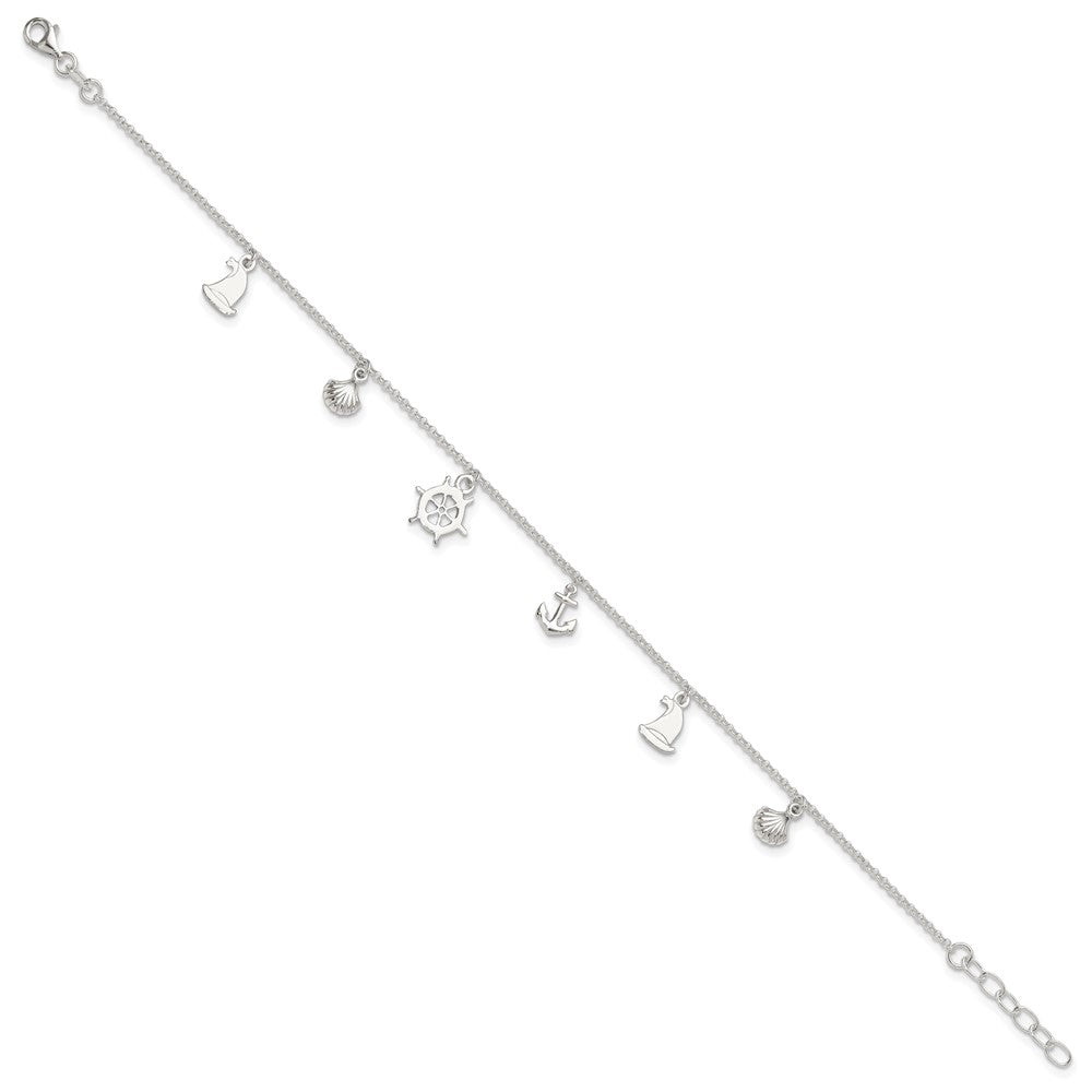 Sterling Silver Ocean Theme Charms 10 inch Plus 1 inch Extender - Total 11 inch Anklet