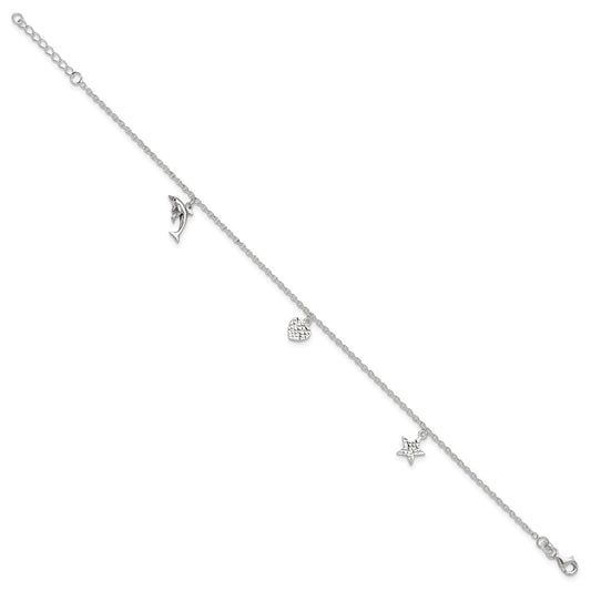 Sterling Silver Heart/Star/Dolphin Charms 9 inch Plus 1 inch Extender - Total 10 inch Anklet