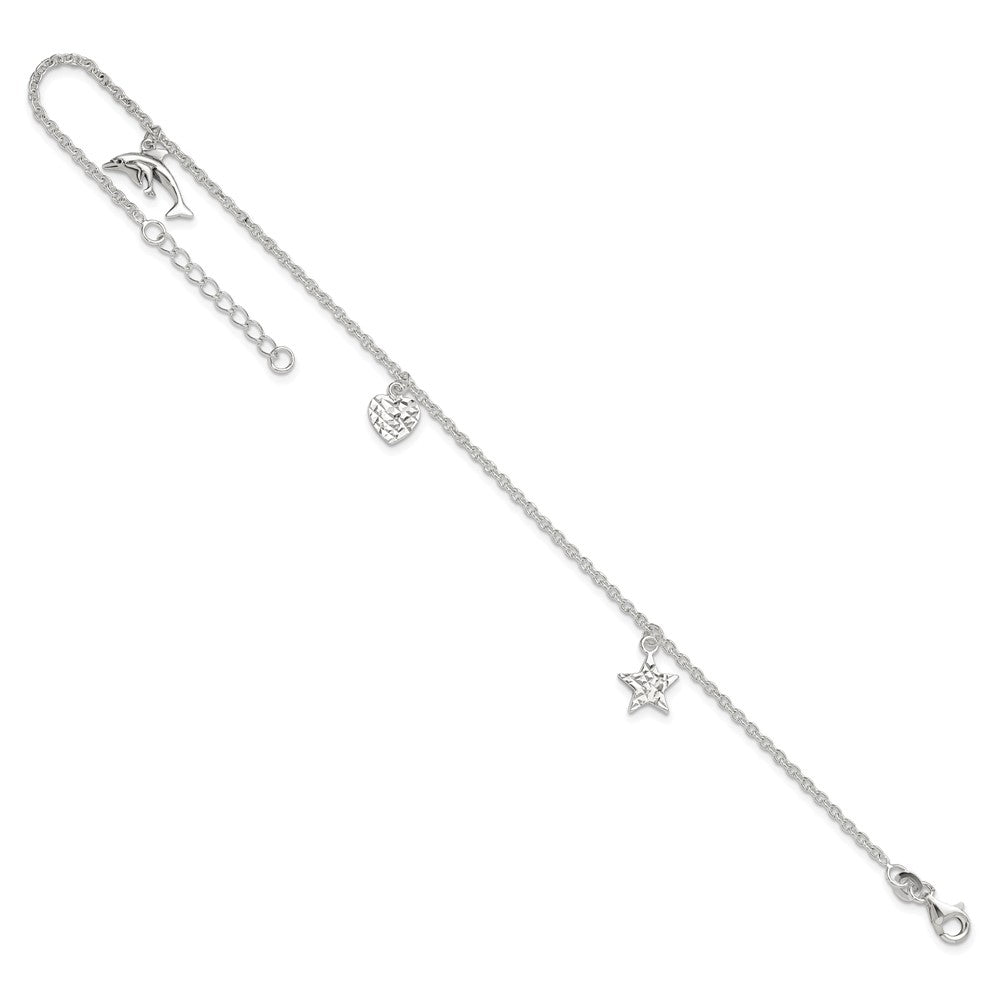 Sterling Silver Heart/Star/Dolphin Charms 9 inch Plus 1 inch Extender - Total 10 inch Anklet