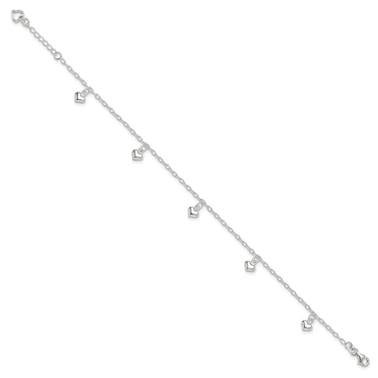 Sterling Silver Puffed Heart Charms 10 inch Plus 1 inch Extender - Total 11 inch Anklet