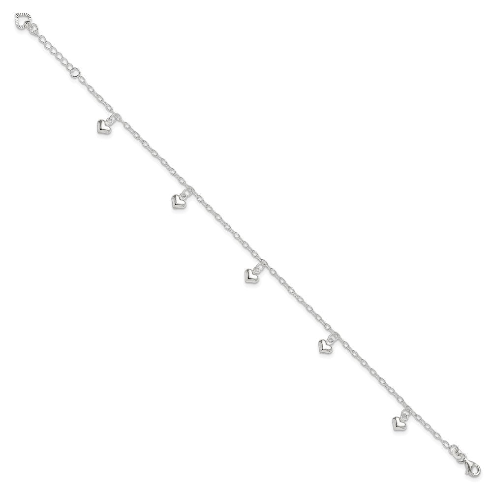 Sterling Silver Puffed Heart Charms 9 inch Plus 1 inch Extender - Total 10 inch Anklet