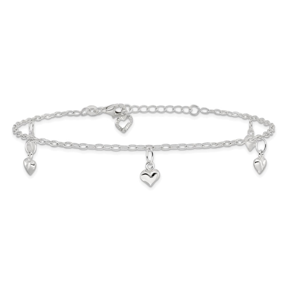 Sterling Silver Puffed Heart Charms 9 inch Plus 1 inch Extender - Total 10 inch Anklet