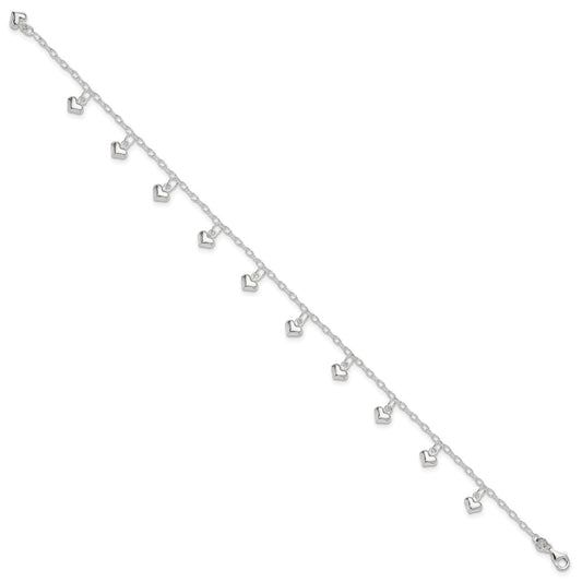 Sterling Silver Polished Puffed Heart 9in Anklet