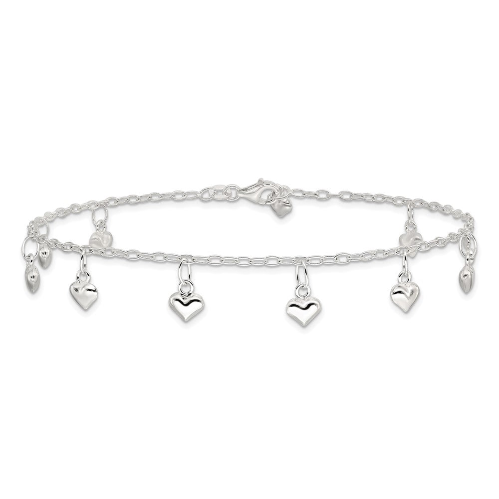 Sterling Silver Polished Puffed Heart 9in Anklet