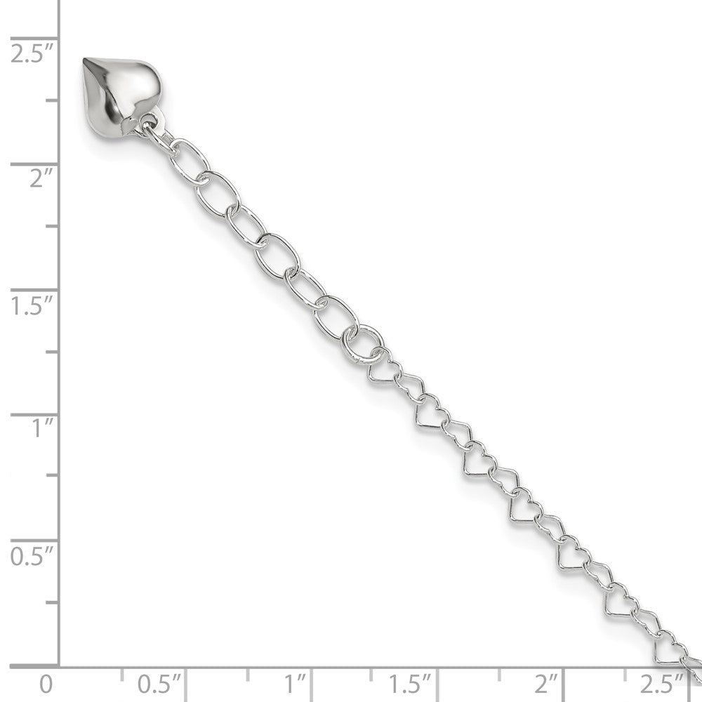 Sterling Silver Puffed Heart Dangle 9 inch Plus 1 inch Extender - Total 10 inch Anklet