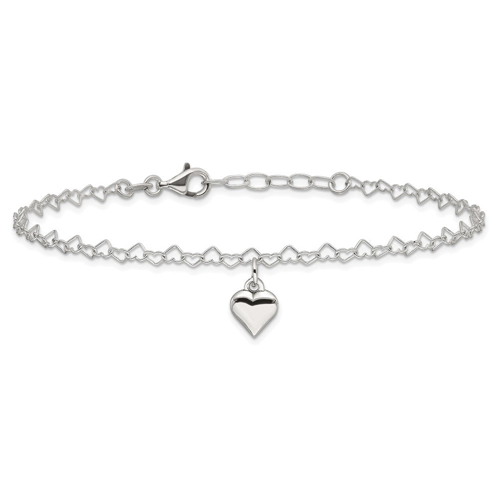 Sterling Silver Puffed Heart Charm 9 inch Plus 1 inch Extender - Total 10 inch Anklet