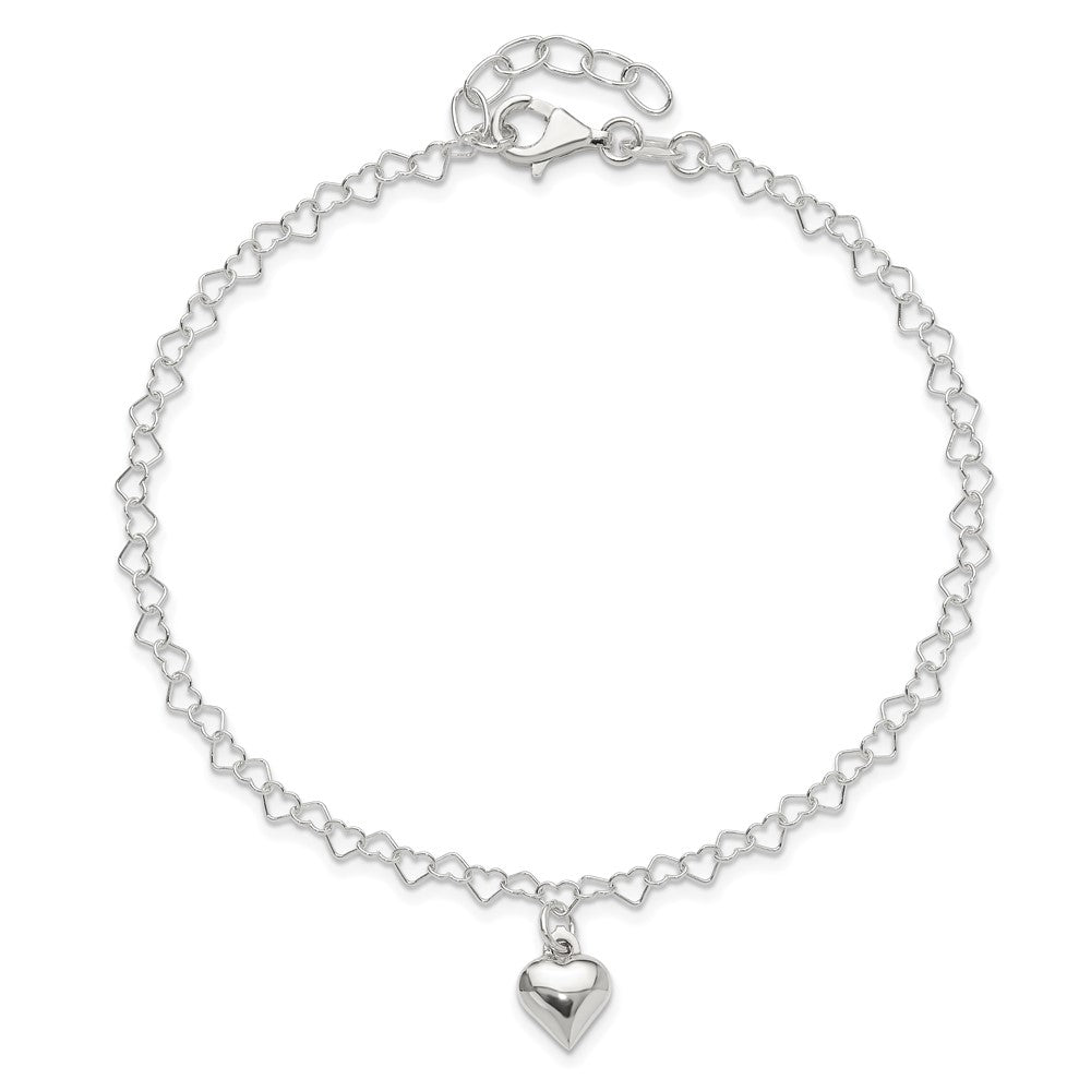 Sterling Silver Puffed Heart Charm 9 inch Plus 1 inch Extender - Total 10 inch Anklet