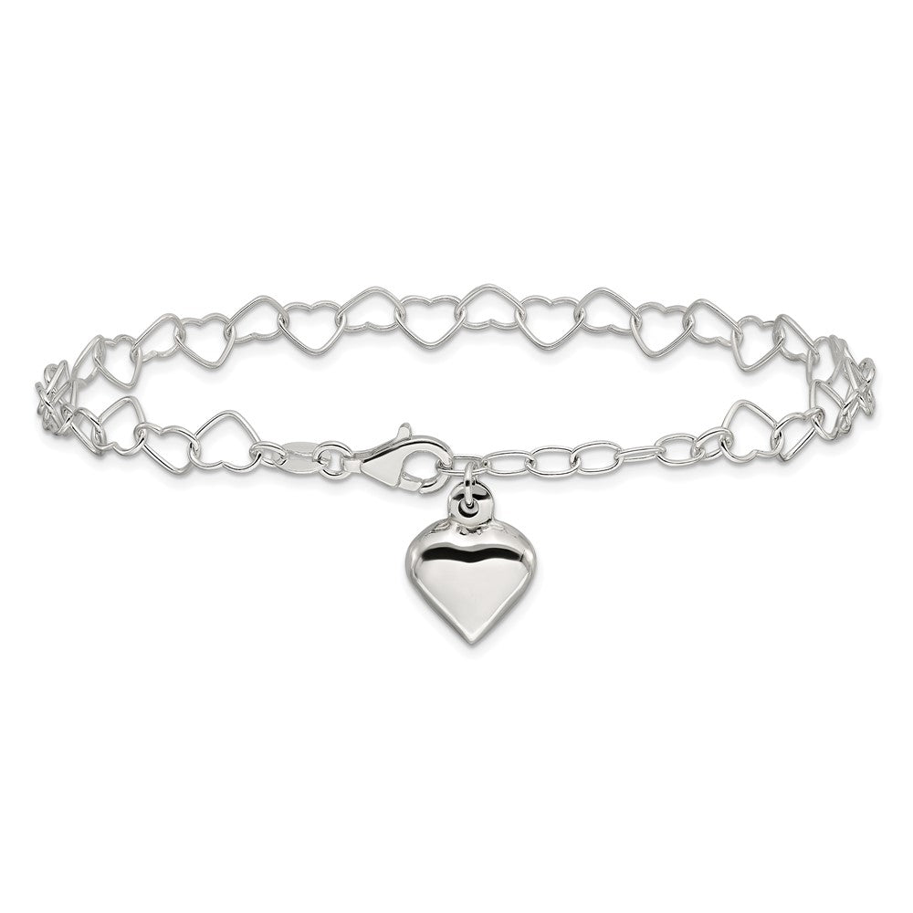 Sterling Silver Puffed Heart Dangle 9 inch Plus 1 inch Extender - Total 10 inch Anklet