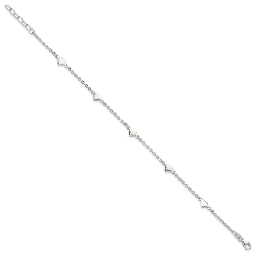 Sterling Silver Hearts 5-Station 9 inch Plus 1 inch Extender - Total 10 inch Anklet